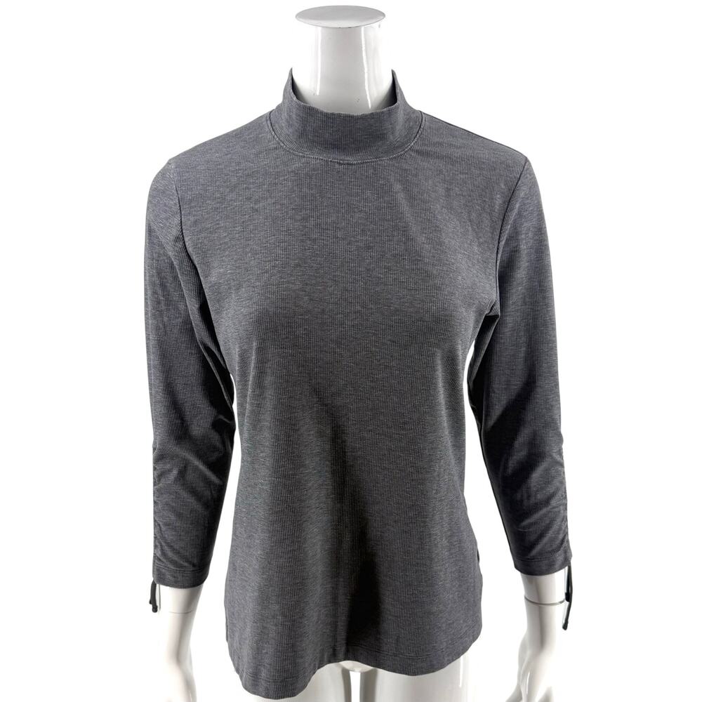 Columbia Womens Mock Neck Top Size Medium Gray Ribbed Ruched Cinched Sleeve